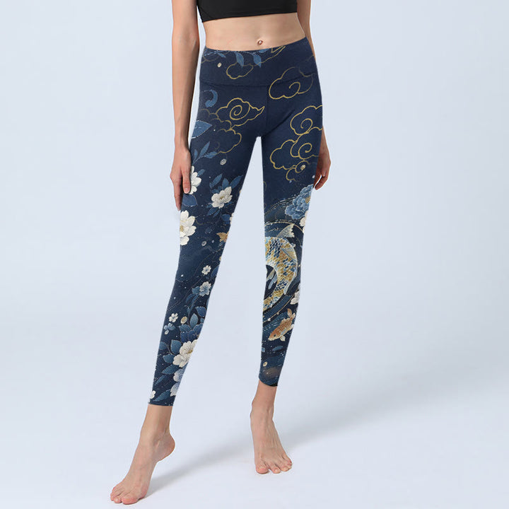 Buddha Stones Leggings de yoga para mujer con estampado de peces koi y flores de peonía en azul y blanco - image 5