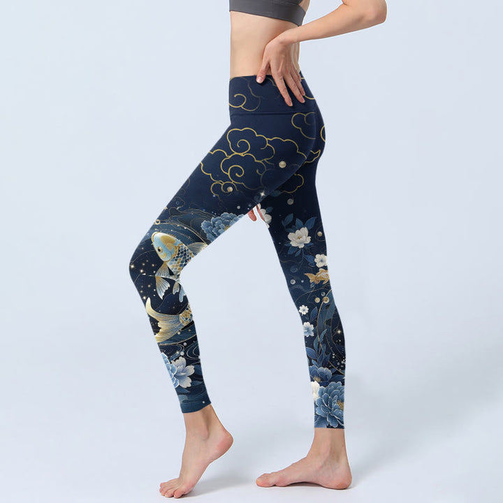 Buddha Stones Leggings de yoga para mujer con estampado de peces koi y flores de peonía en azul y blanco - image 2