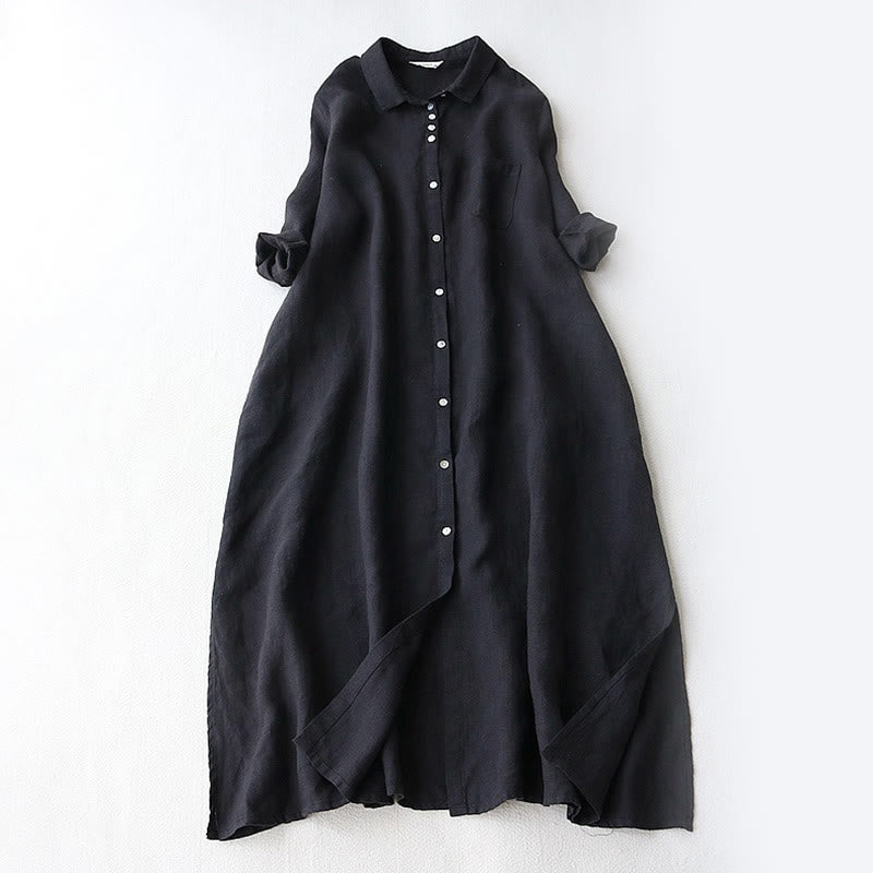 Buddha Stones Vestido midi de otoño para mujer con solapa, botones y mangas tres cuartos con bolsillos - Negro - US12, UK/AU16, EU44 (2XL) - image 0
