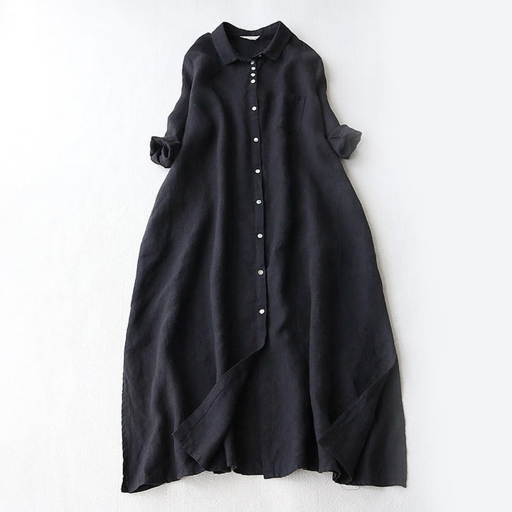 Buddha Stones Vestido midi de otoño para mujer con solapa, botones y mangas tres cuartos con bolsillos - Negro - US12, UK/AU16, EU44 (2XL) - image 0