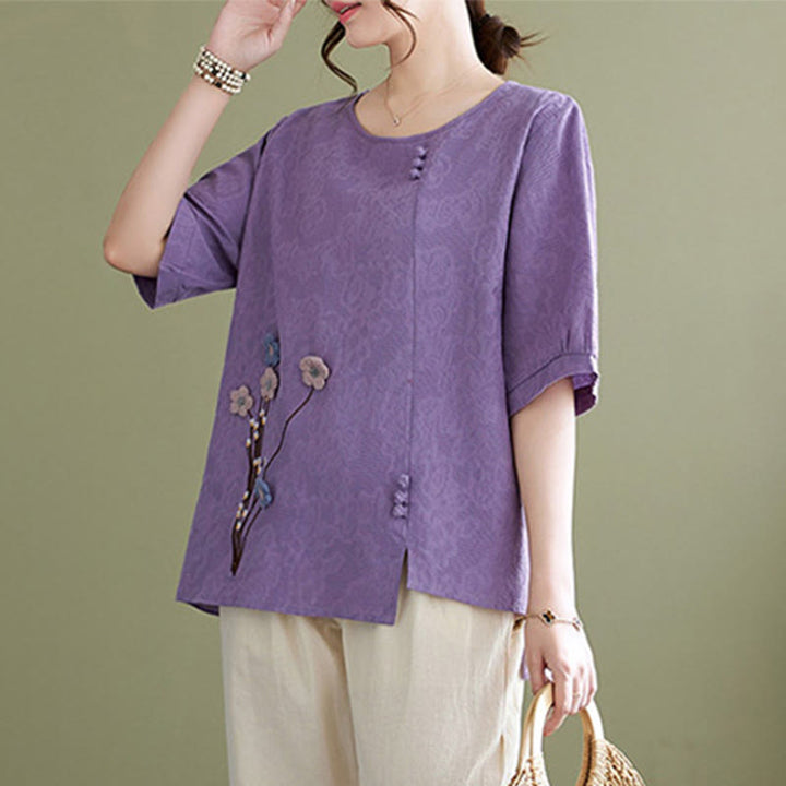 Buddha Stones Camisa de algodón para mujer, manga corta, cuello redondo y diseño de flores tridimensionales - image 4
