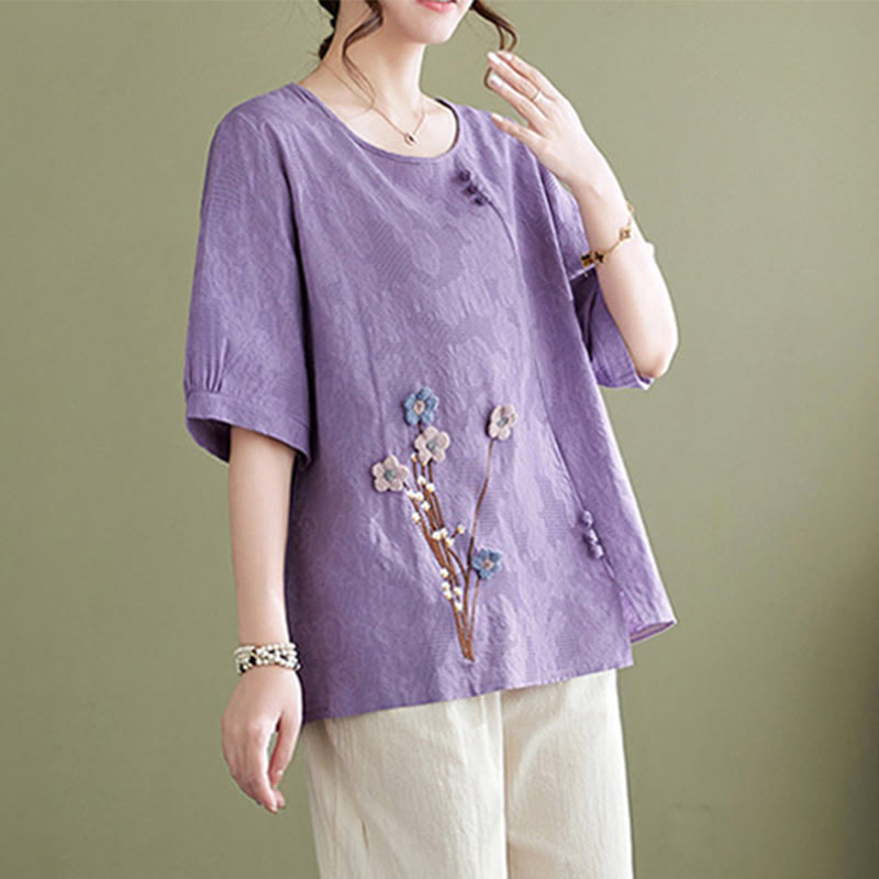 Buddha Stones Camisa de algodón para mujer, manga corta, cuello redondo y diseño de flores tridimensionales - image 2