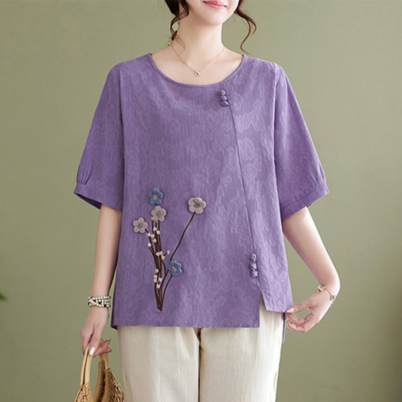 Buddha Stones Camisa de algodón para mujer, manga corta, cuello redondo y diseño de flores tridimensionales - image 3