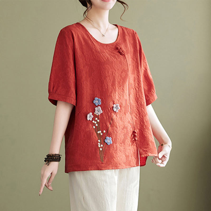 Buddha Stones Camisa de algodón para mujer, manga corta, cuello redondo y diseño de flores tridimensionales - image 7