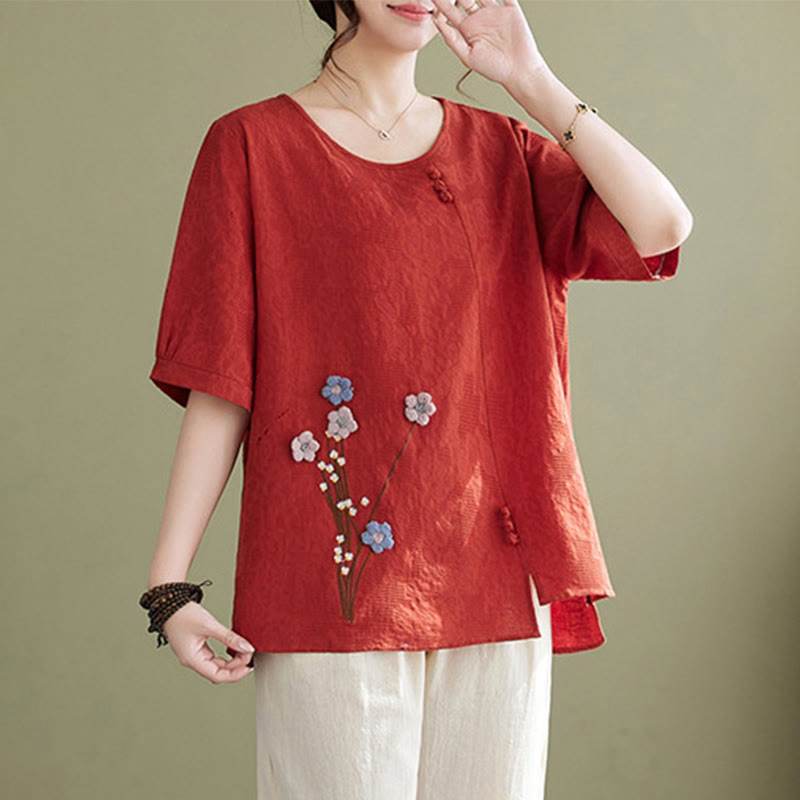 Buddha Stones Camisa de algodón para mujer, manga corta, cuello redondo y diseño de flores tridimensionales - image 8