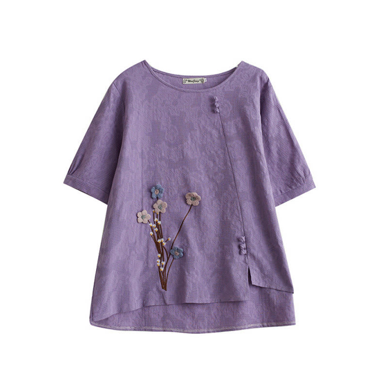 Buddha Stones Camisa de algodón para mujer, manga corta, cuello redondo y diseño de flores tridimensionales - image 5