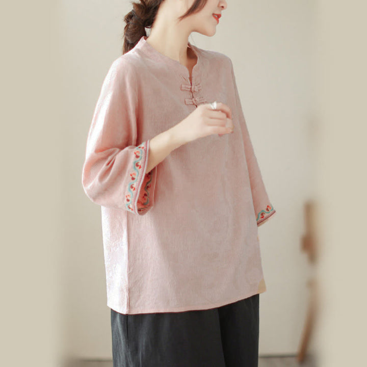 Camisa de algodón para mujer con diseño de Buddha Stones Jacquard, botones de rana, cuello alto, bordado, manga tres cuartos - image 28