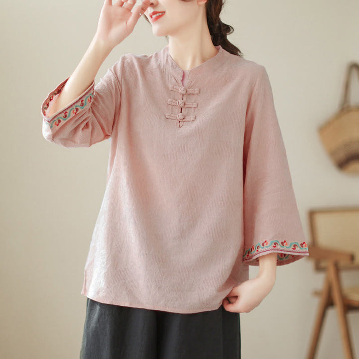 Camisa de algodón para mujer con diseño de Buddha Stones Jacquard, botones de rana, cuello alto, bordado, manga tres cuartos - Rosa - US8-10，UK/AU12-14，EU40-42 (2XL) - image 25