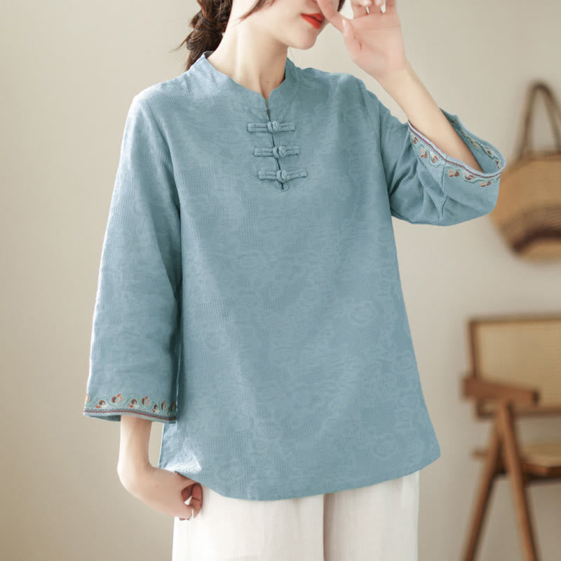Camisa de algodón para mujer con diseño de Buddha Stones Jacquard, botones de rana, cuello alto, bordado, manga tres cuartos - image 8