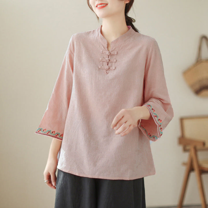Camisa de algodón para mujer con diseño de Buddha Stones Jacquard, botones de rana, cuello alto, bordado, manga tres cuartos - image 26