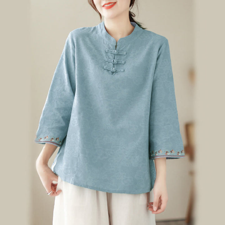 Camisa de algodón para mujer con diseño de Buddha Stones Jacquard, botones de rana, cuello alto, bordado, manga tres cuartos - image 9