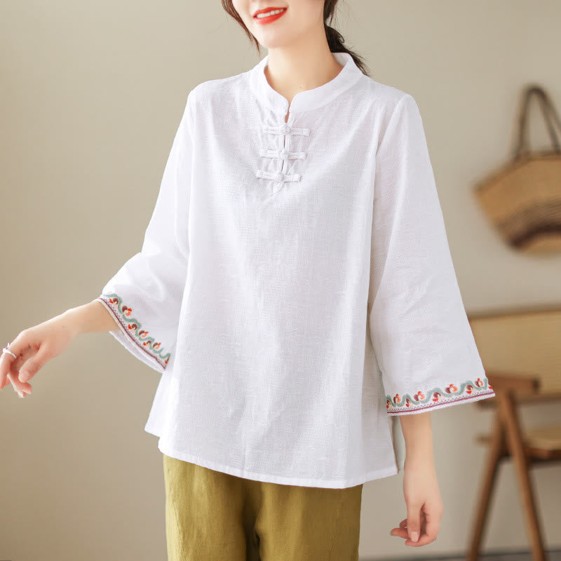 Camisa de algodón para mujer con diseño de Buddha Stones Jacquard, botones de rana, cuello alto, bordado, manga tres cuartos - Blanco - US8-10，UK/AU12-14，EU40-42 (2XL) - image 14