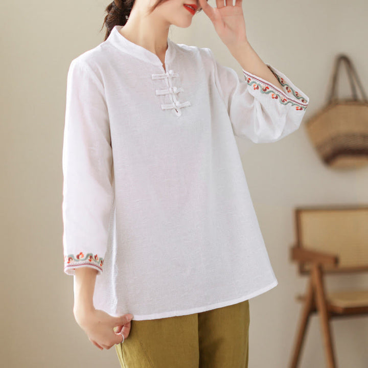 Camisa de algodón para mujer con diseño de Buddha Stones Jacquard, botones de rana, cuello alto, bordado, manga tres cuartos - image 16