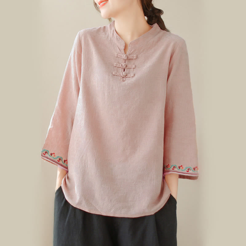 Camisa de algodón para mujer con diseño de Buddha Stones Jacquard, botones de rana, cuello alto, bordado, manga tres cuartos - image 29