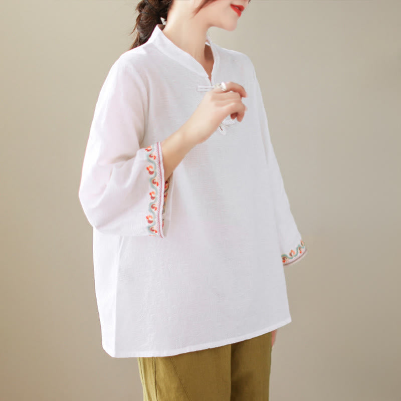Camisa de algodón para mujer con diseño de Buddha Stones Jacquard, botones de rana, cuello alto, bordado, manga tres cuartos - image 18