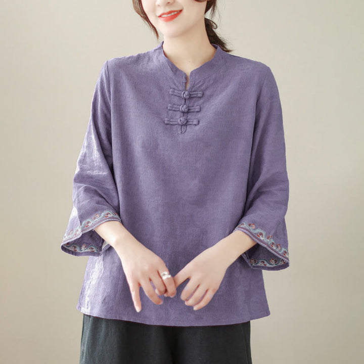Camisa de algodón para mujer con diseño de Buddha Stones Jacquard, botones de rana, cuello alto, bordado, manga tres cuartos - image 1