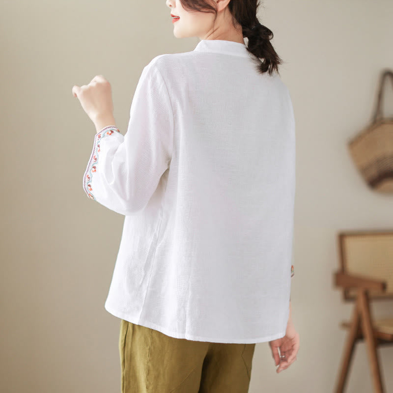 Camisa de algodón para mujer con diseño de Buddha Stones Jacquard, botones de rana, cuello alto, bordado, manga tres cuartos - image 17