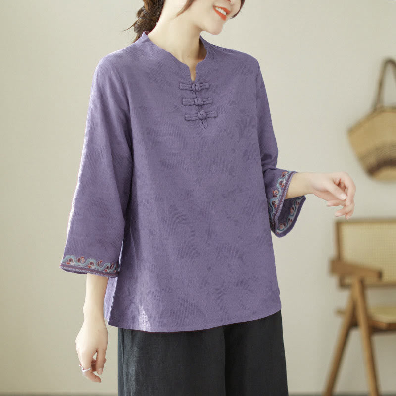 Camisa de algodón para mujer con diseño de Buddha Stones Jacquard, botones de rana, cuello alto, bordado, manga tres cuartos - Azul violeta - US8-10，UK/AU12-14，EU40-42 (2XL) - image 0