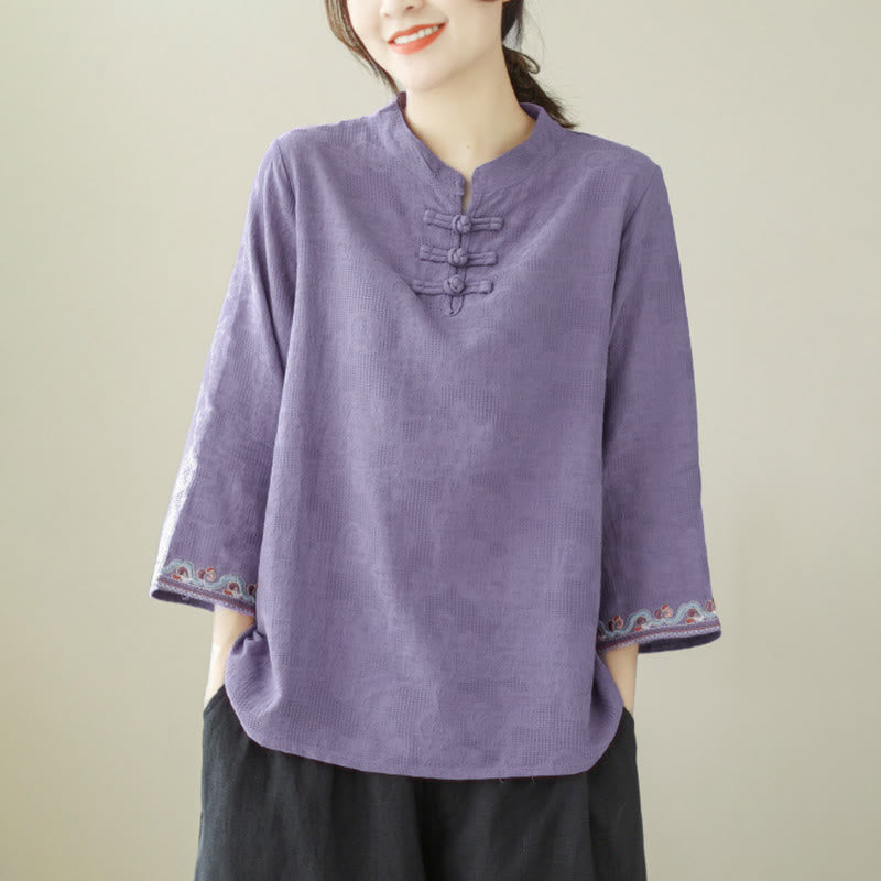 Camisa de algodón para mujer con diseño de Buddha Stones Jacquard, botones de rana, cuello alto, bordado, manga tres cuartos - image 4