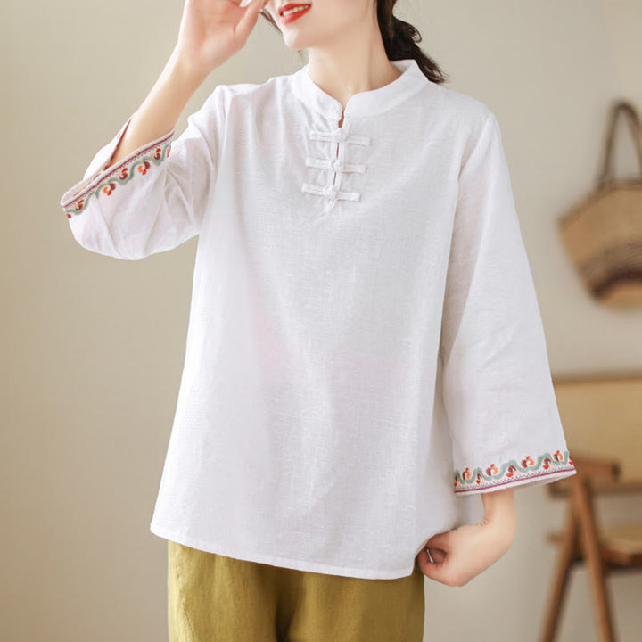 Camisa de algodón para mujer con diseño de Buddha Stones Jacquard, botones de rana, cuello alto, bordado, manga tres cuartos - image 15