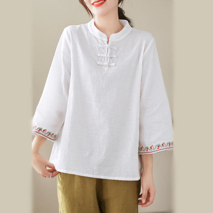 Camisa de algodón para mujer con diseño de Buddha Stones Jacquard, botones de rana, cuello alto, bordado, manga tres cuartos - image 19