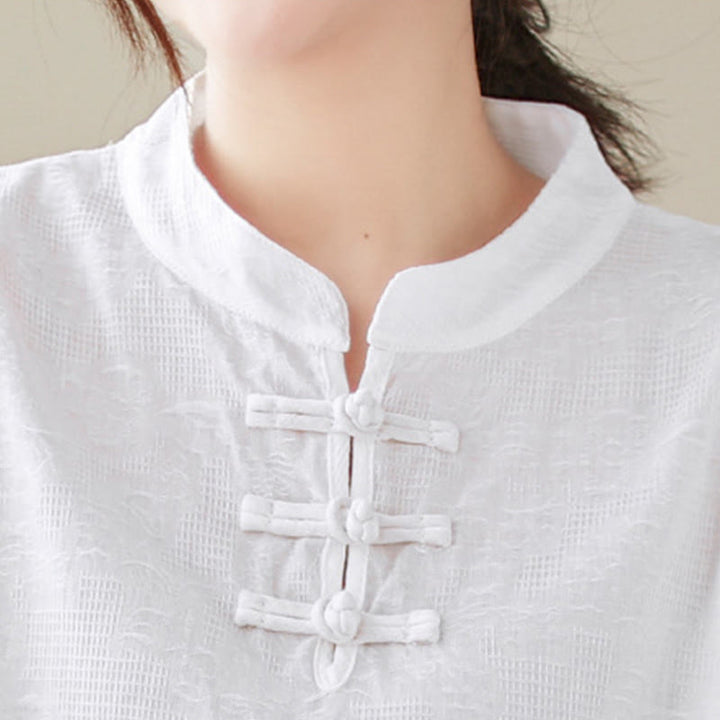 Camisa de algodón para mujer con diseño de Buddha Stones Jacquard, botones de rana, cuello alto, bordado, manga tres cuartos - image 21