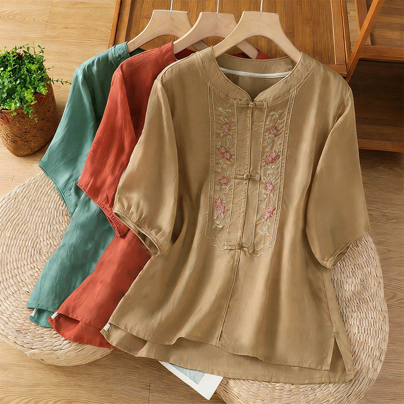 Camisa de mujer con cuello alto, botones de rana y flores bordadas, puños elásticos y manga tres cuartos con diseño de Buddha Stones - image 20