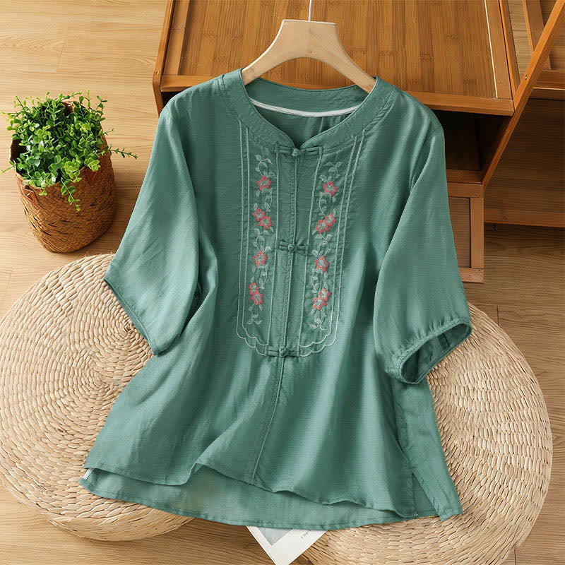 Camisa de mujer con cuello alto, botones de rana y flores bordadas, puños elásticos y manga tres cuartos con diseño de Buddha Stones - Verde mar claro - US8-10，UK/AU12-14，EU40-42 (2XL) - image 0