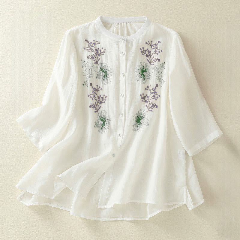 Buddha Stones Camisa de algodón para mujer con cuello alto, manga tres cuartos y abertura lateral, diseño plisado y bordado - Blanco - US8-10，UK/AU12-14，EU40-42 (2XL) - image 16