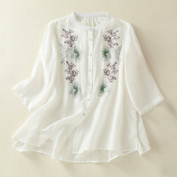 Buddha Stones Camisa de algodón para mujer con cuello alto, manga tres cuartos y abertura lateral, diseño plisado y bordado - Blanco - US8-10，UK/AU12-14，EU40-42 (2XL) - image 16
