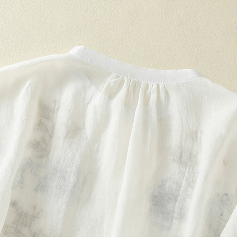 Buddha Stones Camisa de algodón para mujer con cuello alto, manga tres cuartos y abertura lateral, diseño plisado y bordado - image 19