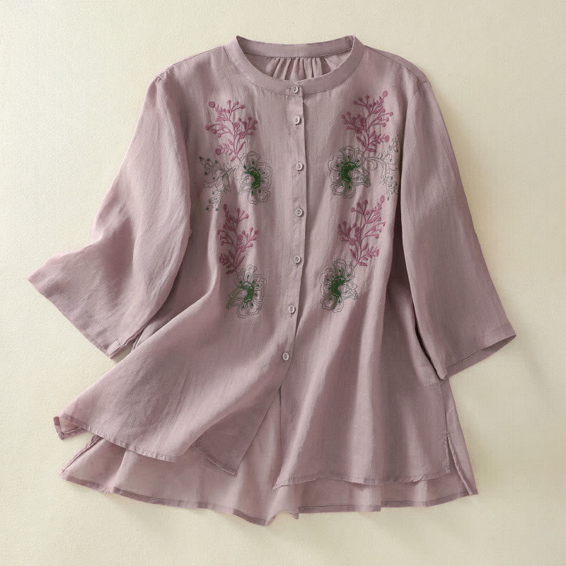Buddha Stones Camisa de algodón para mujer con cuello alto, manga tres cuartos y abertura lateral, diseño plisado y bordado - Marrón rosado - US8-10，UK/AU12-14，EU40-42 (2XL) - image 7