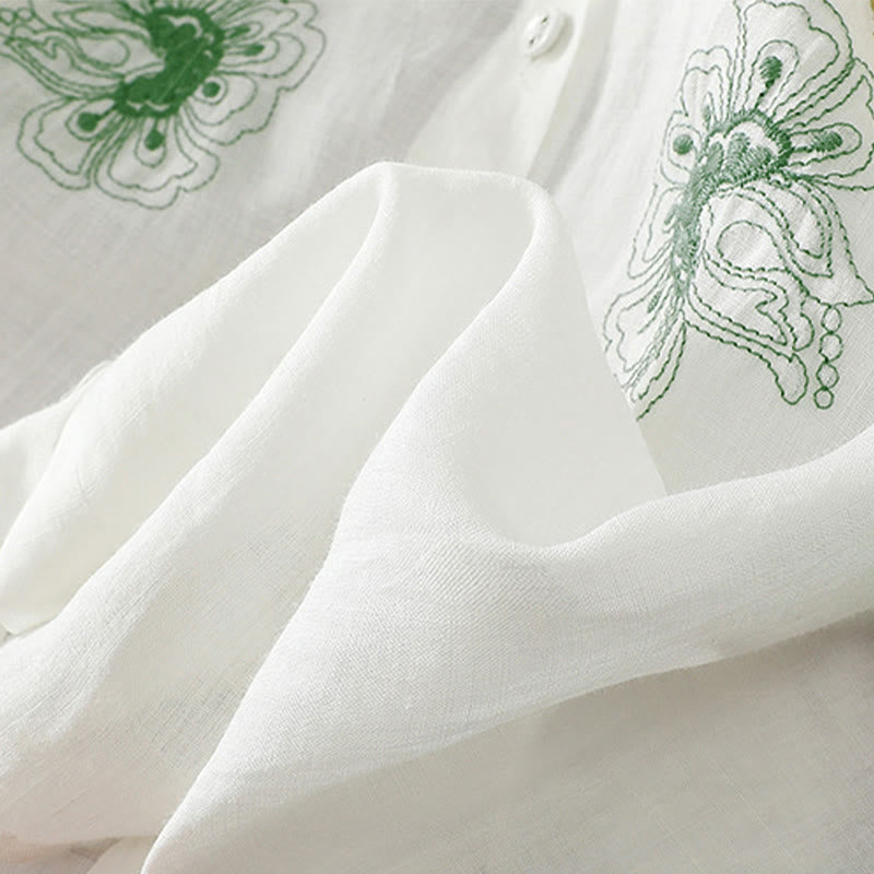 Buddha Stones Camisa de algodón para mujer con cuello alto, manga tres cuartos y abertura lateral, diseño plisado y bordado - image 22
