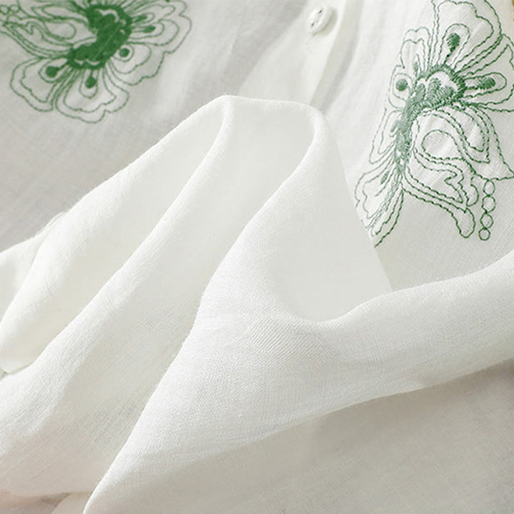 Buddha Stones Camisa de algodón para mujer con cuello alto, manga tres cuartos y abertura lateral, diseño plisado y bordado - image 22