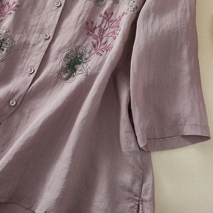Buddha Stones Camisa de algodón para mujer con cuello alto, manga tres cuartos y abertura lateral, diseño plisado y bordado - image 12