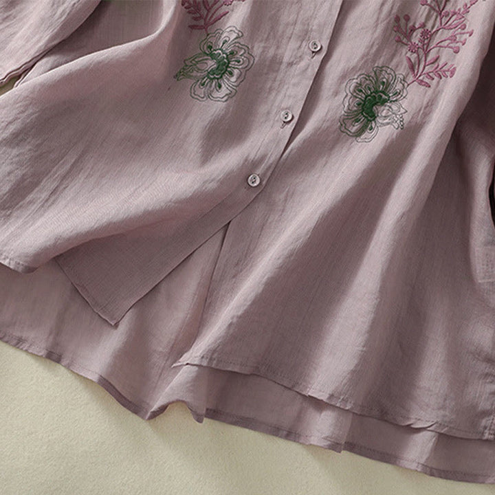 Buddha Stones Camisa de algodón para mujer con cuello alto, manga tres cuartos y abertura lateral, diseño plisado y bordado - image 13
