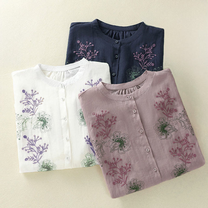 Buddha Stones Camisa de algodón para mujer con cuello alto, manga tres cuartos y abertura lateral, diseño plisado y bordado - image 26