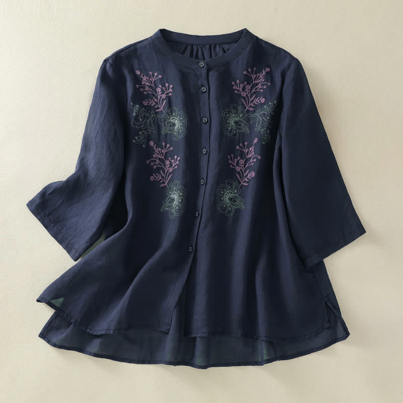 Buddha Stones Camisa de algodón para mujer con cuello alto, manga tres cuartos y abertura lateral, diseño plisado y bordado - Azul medianoche - US8-10，UK/AU12-14，EU40-42 (2XL) - image 0