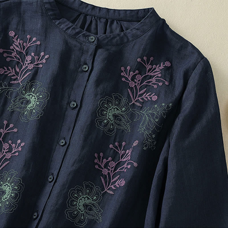 Buddha Stones Camisa de algodón para mujer con cuello alto, manga tres cuartos y abertura lateral, diseño plisado y bordado - image 4