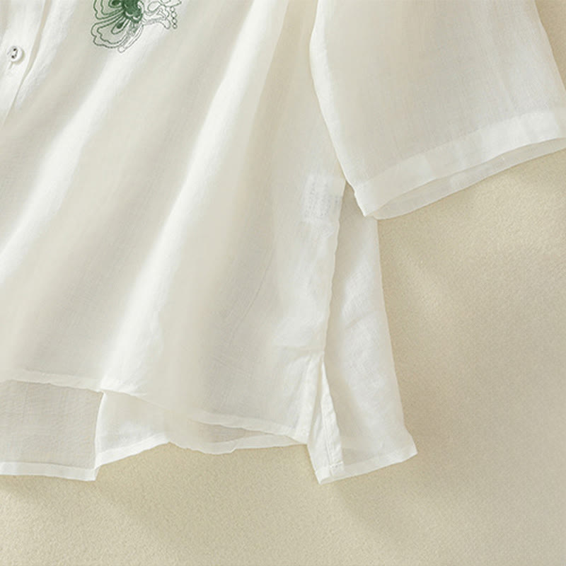 Buddha Stones Camisa de algodón para mujer con cuello alto, manga tres cuartos y abertura lateral, diseño plisado y bordado - image 24