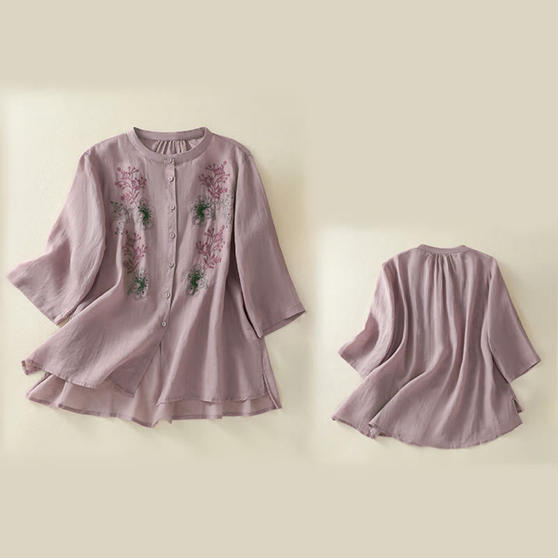 Buddha Stones Camisa de algodón para mujer con cuello alto, manga tres cuartos y abertura lateral, diseño plisado y bordado - image 15