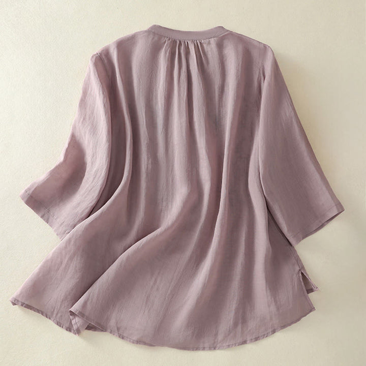 Buddha Stones Camisa de algodón para mujer con cuello alto, manga tres cuartos y abertura lateral, diseño plisado y bordado - image 8
