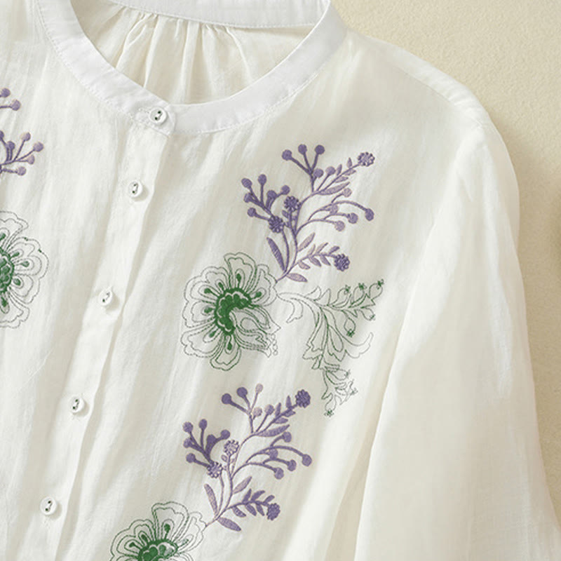 Buddha Stones Camisa de algodón para mujer con cuello alto, manga tres cuartos y abertura lateral, diseño plisado y bordado - image 20