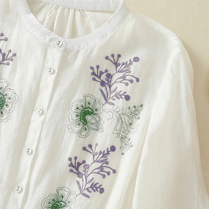 Buddha Stones Camisa de algodón para mujer con cuello alto, manga tres cuartos y abertura lateral, diseño plisado y bordado - image 20