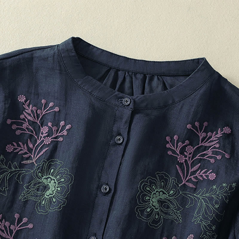 Buddha Stones Camisa de algodón para mujer con cuello alto, manga tres cuartos y abertura lateral, diseño plisado y bordado - image 2