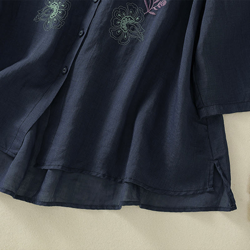 Buddha Stones Camisa de algodón para mujer con cuello alto, manga tres cuartos y abertura lateral, diseño plisado y bordado - image 6