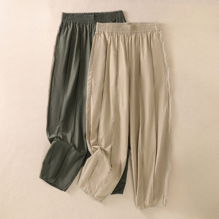 Buddha Stones Pantalones harén plisados de cintura alta para mujer, sencillos, de color puro y de verano, con bolsillos - image 0