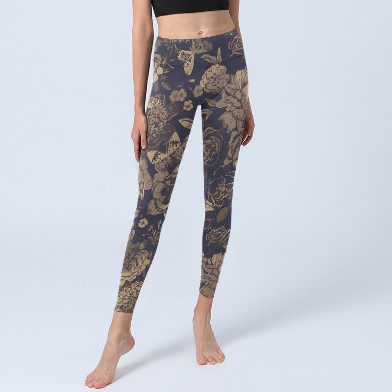 Buddha Stones Leggings de yoga para mujer con estampado de flores, mariposas y hojas en colores retro - image 5