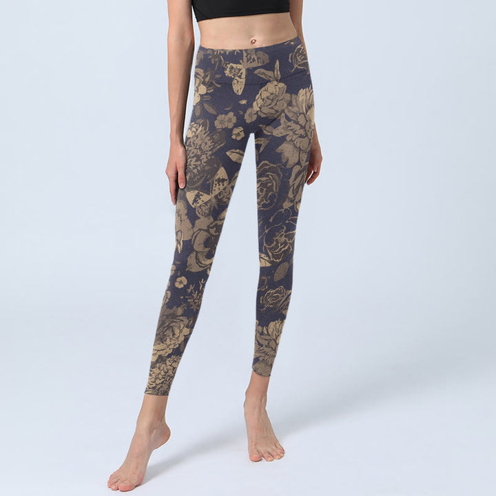 Buddha Stones Leggings de yoga para mujer con estampado de flores, mariposas y hojas en colores retro - image 5