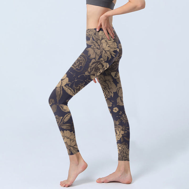 Buddha Stones Leggings de yoga para mujer con estampado de flores, mariposas y hojas en colores retro - image 2